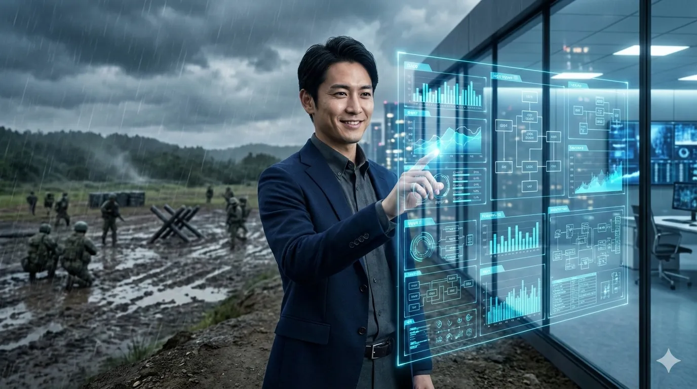 雨と泥にまみれる自衛隊の訓練風景（精神論・過去）と、DXツールを操るビジネスマン（論理・現在）の対比画像。元自衛官が教える、気合を捨てて仕組みで勝つキャリア戦略と生存術（LOGIC SURVIVAL）。