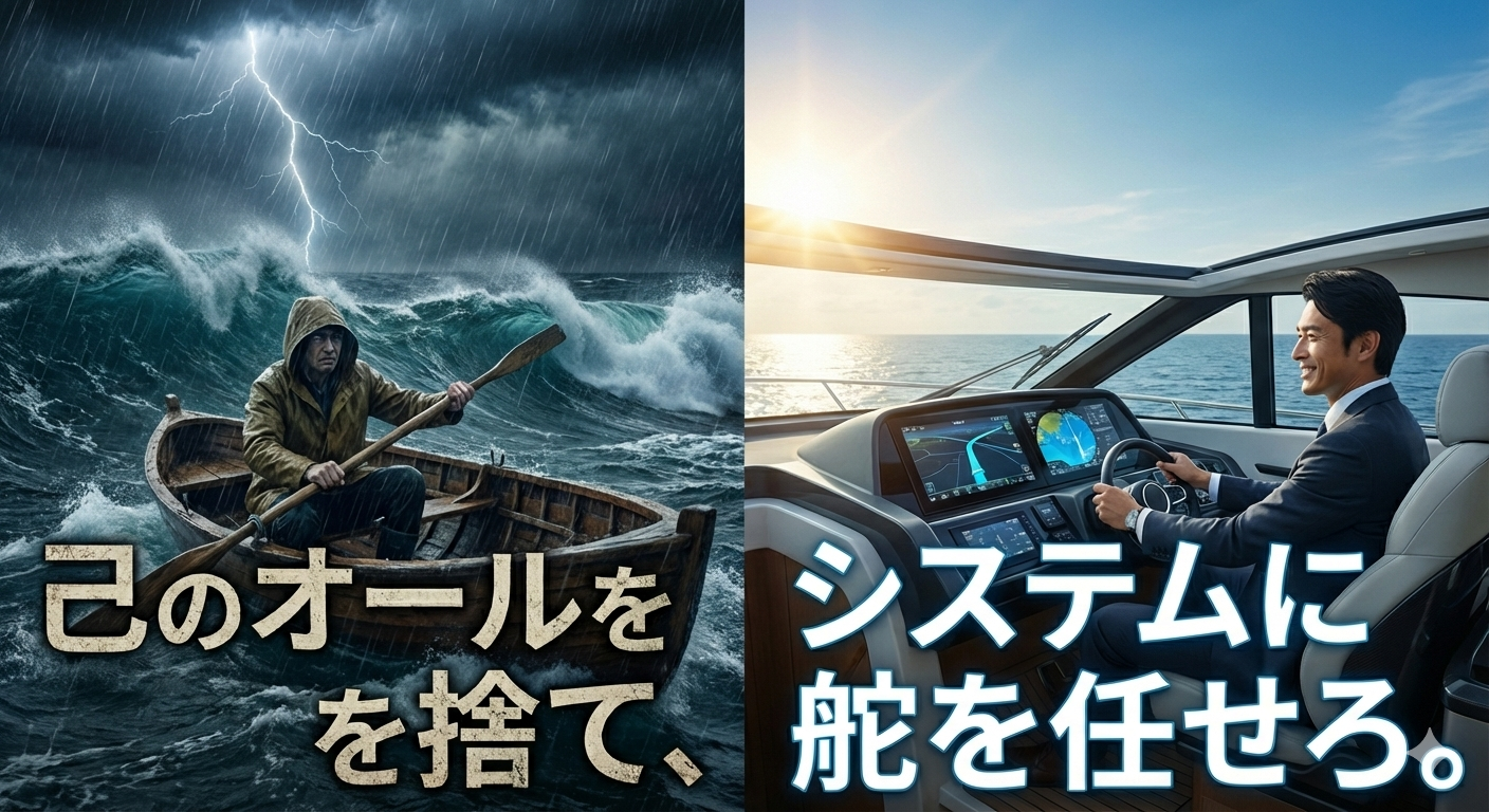 手漕ぎボートで嵐を進む様子と、最新システムで快適に進むクルーザーの対比