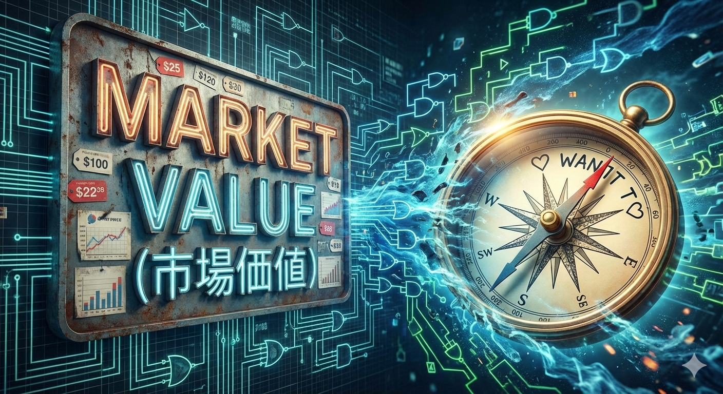 「市場価値（Market Value）」と書かれた古い看板と、「WANT TO」を指し示す光り輝くコンパスを対比させ、背景にDXや論理的思考を象徴するデジタル回路を配置したキャリア戦略のイメージ。